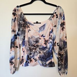 Boston Proper Pink and Blue Floral Ruched Long-Sleeve Top